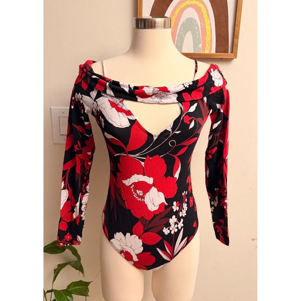 Guess Bodysuit Womens Size S Black Red Floral Cutout Off Shoulder Long Sleeve